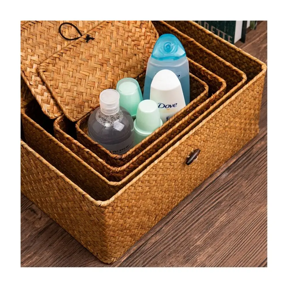 Flat Woven Wicker Storage Bins with Lid Natural Seagrass Basket Boxes Multipurpose Home Toys Organizer Boxes for Shelf Organizer