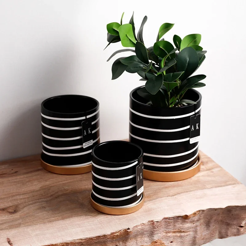 Nordic Black And White Striped Ceramic Flower Pot With Tray Round Potted Desktop Flower Arrangement Container Home Decorations