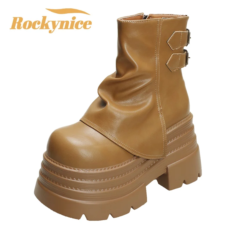 

Women Chunky Motorcycle Boots Autumn Hidden Heels Leather Sneakers Winter Waterproof Snow Boots High Platform Ankle Boots 10CM