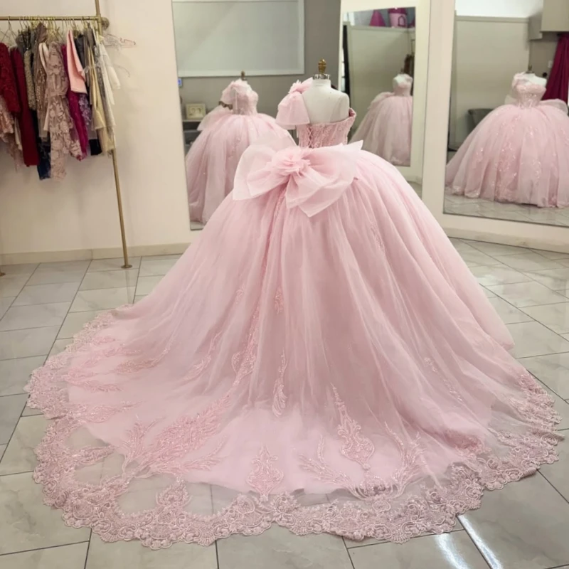 Pink Glitter Quinceanera Dresses Off Shoulder Ball Gown Sweet 16 Dress Applique Lace Beads Bow Tull Party Birthday Vestidos 15