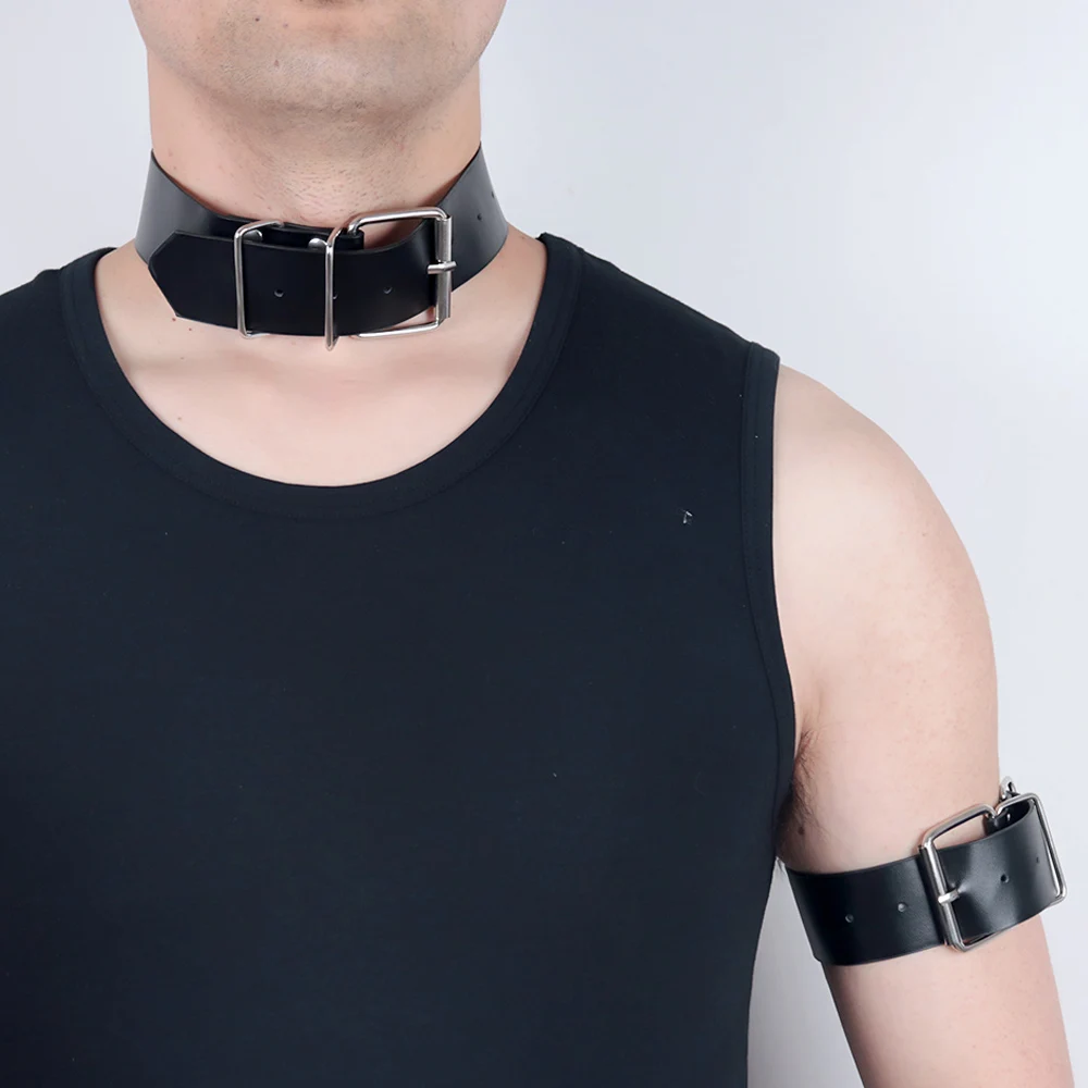 

2 Piece Set Mens Black Gothic Punk Style Leather Choker Collar and Bracelet Night Club Stage Performance Fun Accessories