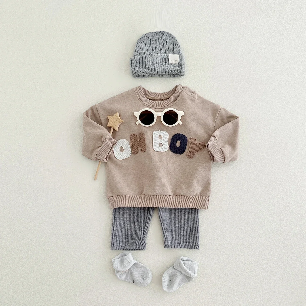 Baby OH BOY Letter Patch Sweatshirt Set Infant Long Sleeve Top & Pants 2Pcs Spring Autumn Outfit Boys Casual Tracksuit
