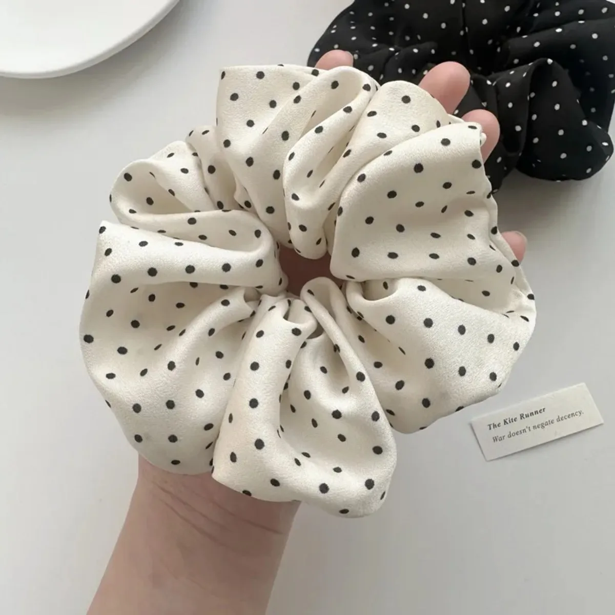 Chouchous en satin à pois style coréen pour femmes, grands élastiques à cheveux blancs, attaches à cheveux en soie élastiques, attaches à queue de cheval noires pour filles, cordes à cheveux