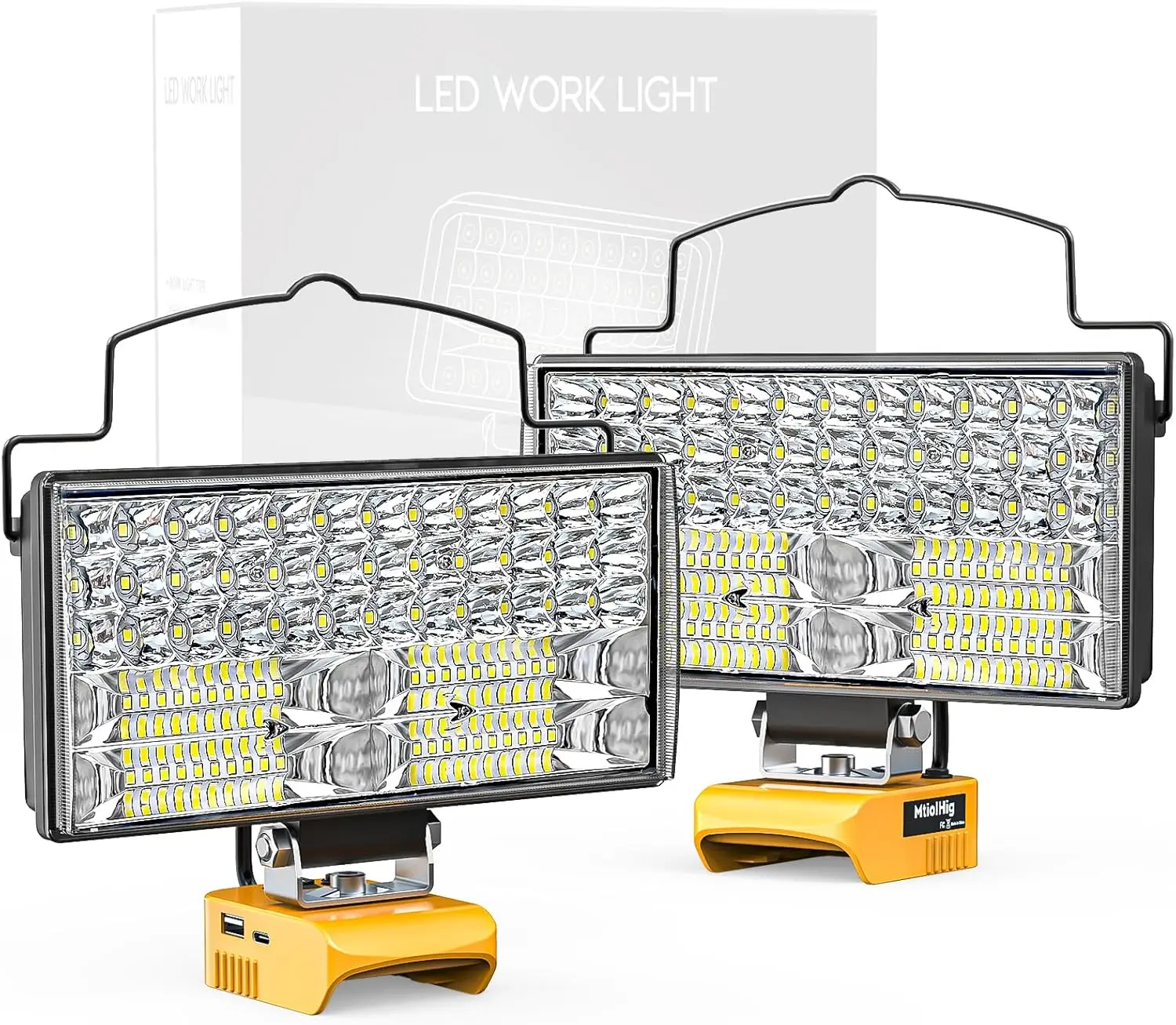 2Pcs Cordless LED Work Light, 145W 14500 Lumens Flood Light with USB & Type-C Charging for Workshop, Garage, Camping