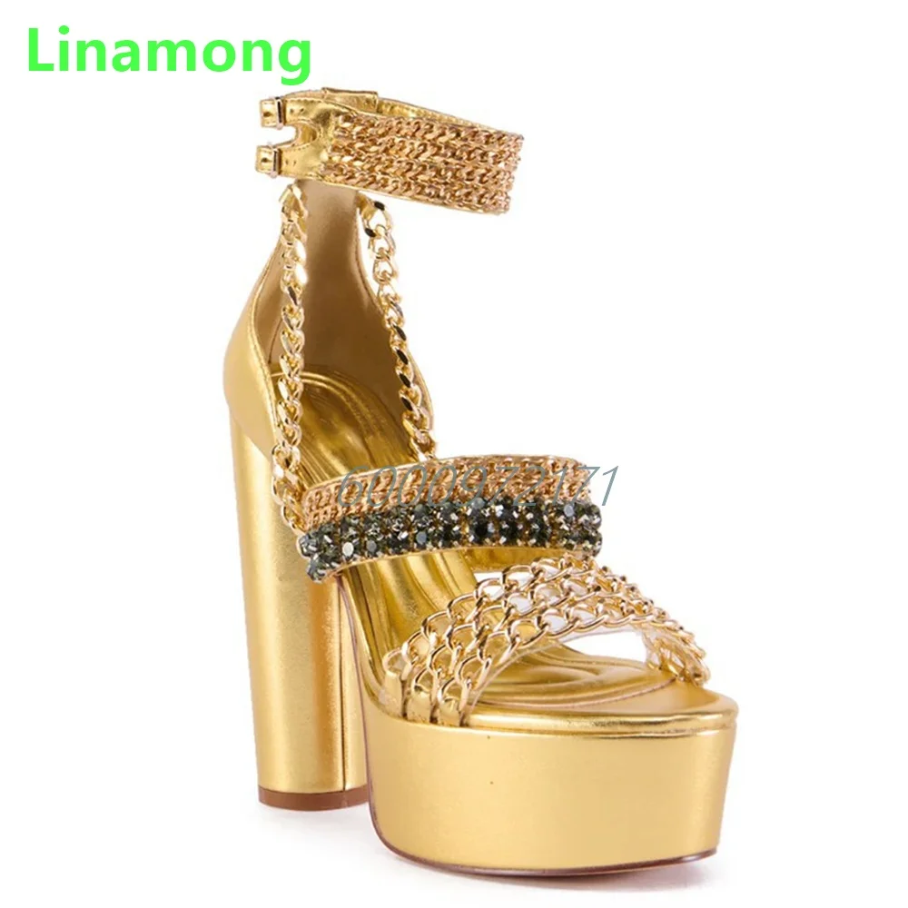 

Женские босоножки на квадратном каблуке с золотой платформой, новинка 2023 года, элегантная обувь с круглым носком и цепочкой на щиколотке, с пряжкой и ремешком на спине