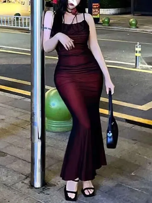 Sexy Luxury Woman Evening Dress Red Mesh Gothic Elegant Party Bodycon Dresses Maxi Dress Chic Female Night Club Outfits