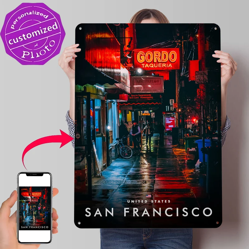 San Francisco Taqueria At Night Poster Customized Vintage Metal Signs Wall Art Retro Tin Plaque for Living Room Decorations Man