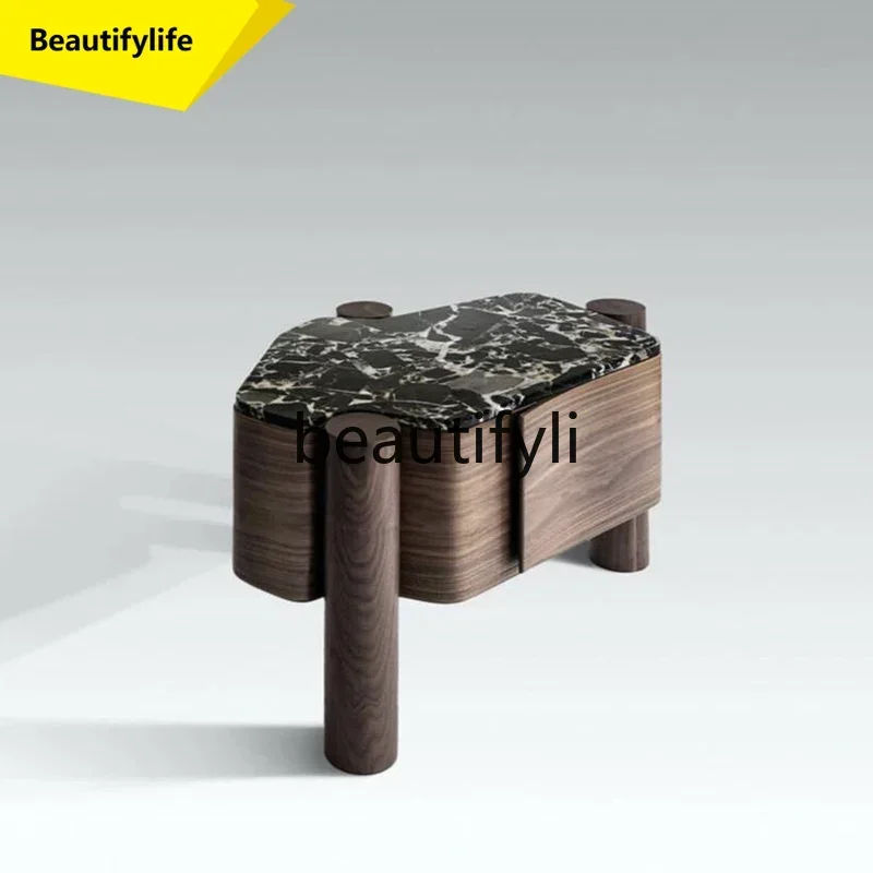 Italian black edge several light luxury small apartment solid wood table bedroom bedside table luxury stone