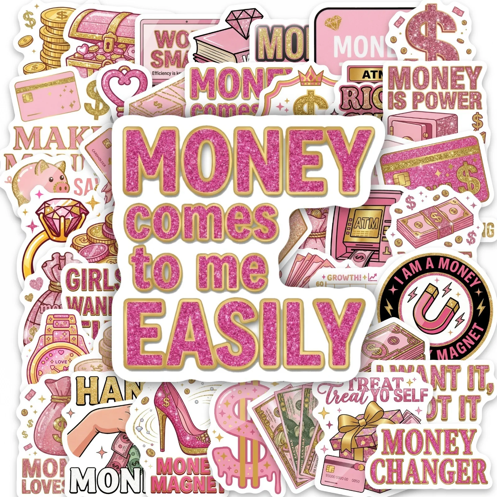 50Pcs Pink Gold Money Theme Stickers Vinyl Decals for Phone Scrapbook Skateboard Guitar Luggage Car Vase DIY Decor