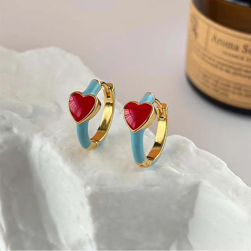 Pendientes de aro de esmalte rojo Vintage para mujer, Piercing de aceite por goteo azul, joyería elegante para novia, regalos de boda