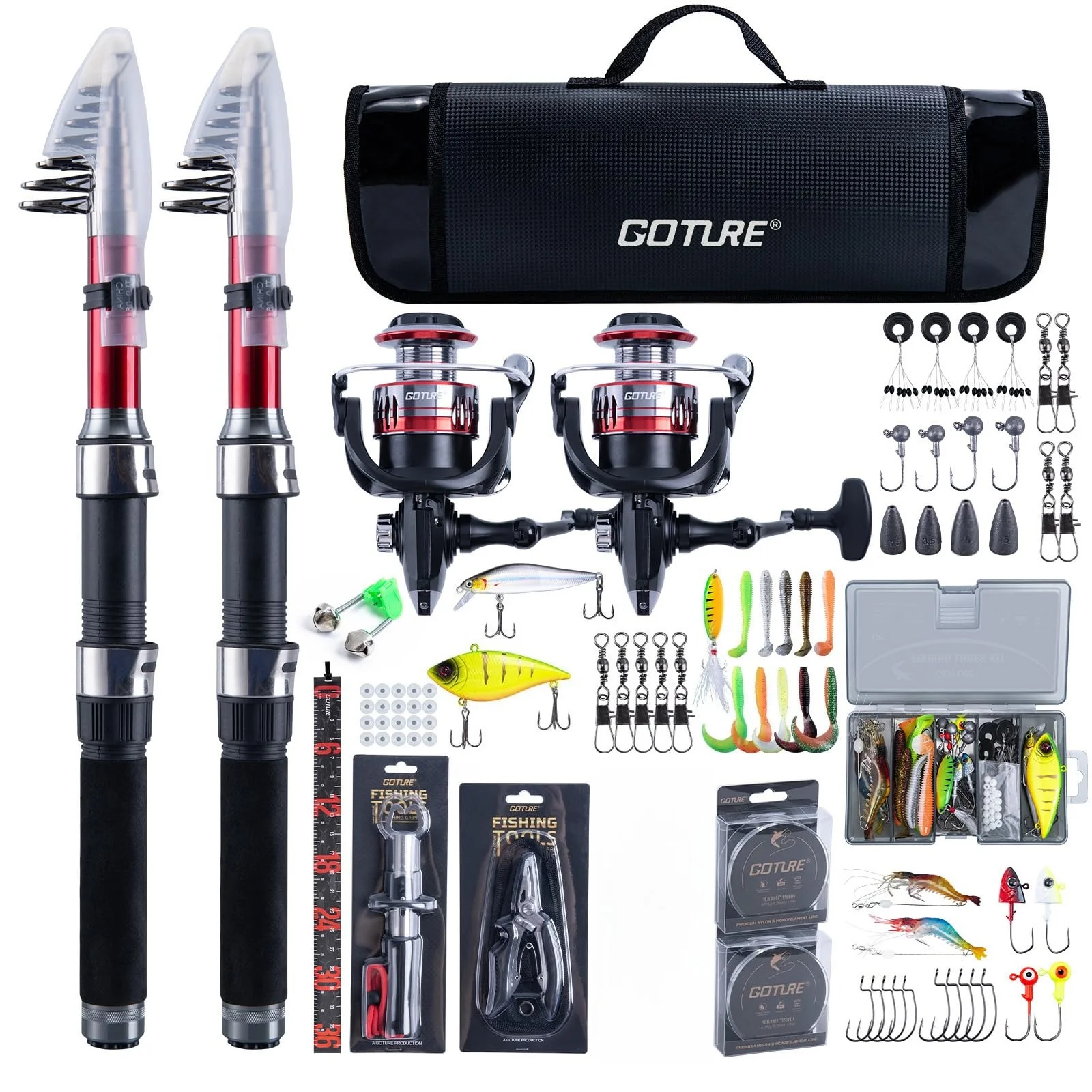 Goture 2-teilige Angelruten- und 2-teilige Rollenkombinationen, komplettes Set, Teleskopruten, Spinnrollen mit Tragetasche für Reisen, Angeln
