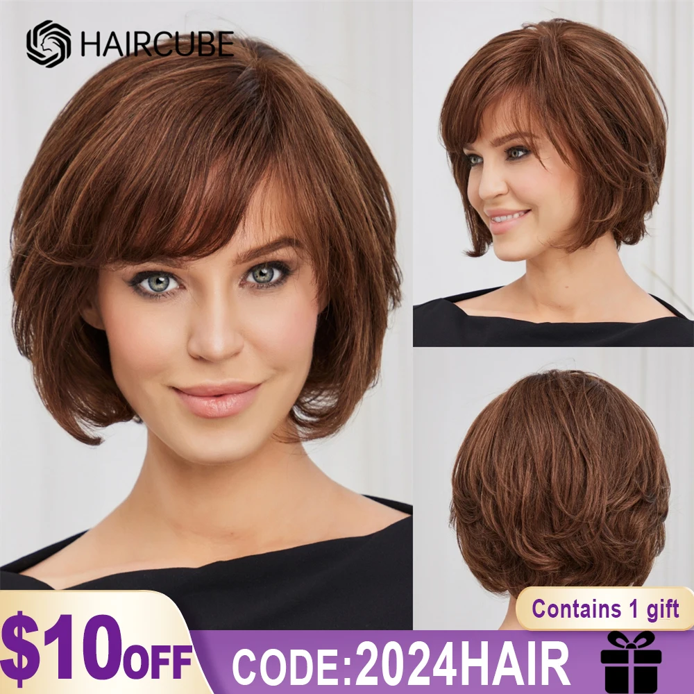 

Lace Front Human Hair Wigs Short Straight Brown Bob Wigs with Bang for Black Afro Women Pixie Cut Layered Wig Glueless Remy Hair