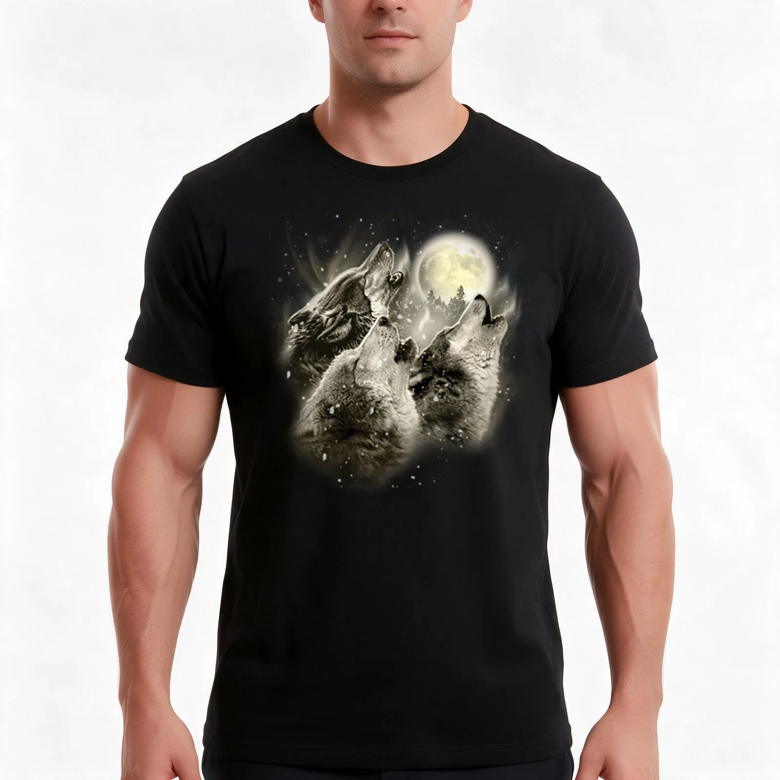 Three Wolves Howling in Moonlight T-Shirt, Summer Casual Cotton Tee, Oversized Streetwear Tops, Vintage Graphic Print