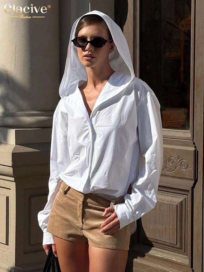 

Clacive Fashion Loose White Cotton Women's Shirt 2025 Casual Hooded Long Sleeve Blouse Elegant Classic Solid Top Female Clothing