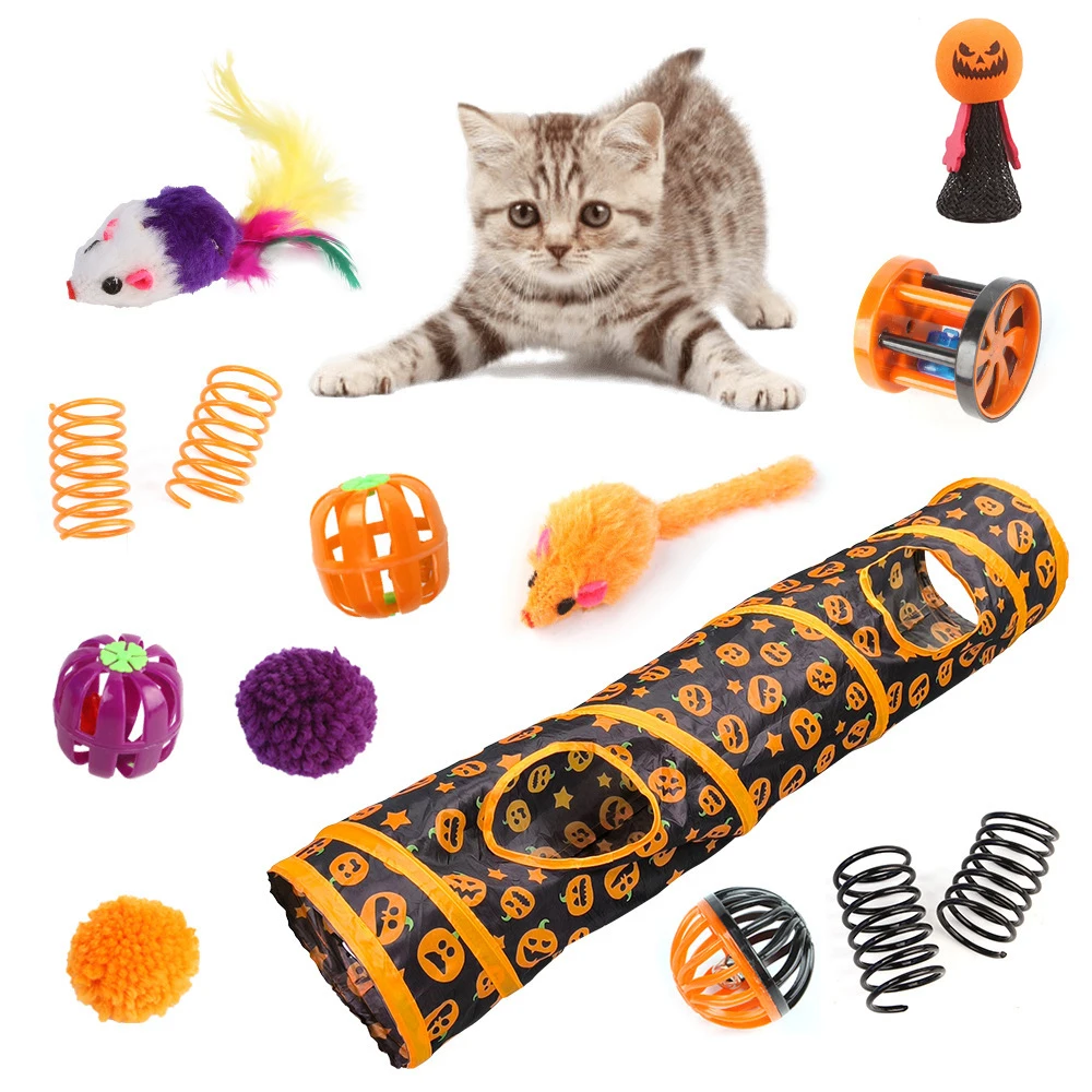 

Cat Tunnel Cube Halloween Maze for Cat Feather Wand Ball Mice Foldable Portable Pet Tunnel Indoor Outdoor Interactive Cat Toys