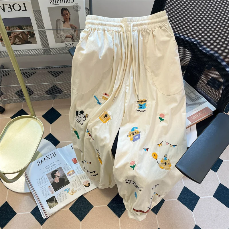 Hikigawa Chic Fashion Women Kawaii Cartoon Embroidery Bloomers Summer Vintage Loose Casual Straight Cargo Pants Trousers Mujer