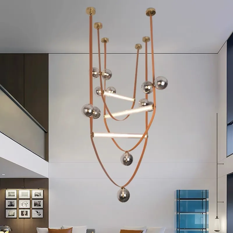 

Italian Style Creative Leather Belt Design LED Pendant Light Circular Glass Ball Hanging for Living Room Hotel Pendant Light