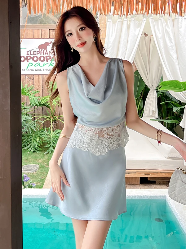 

Summer Short Lace Splice Set Women's Gentle Waist Slimming Date Two-Piece Suit Elegant Lady Fashionable Contrast Stitching De...
