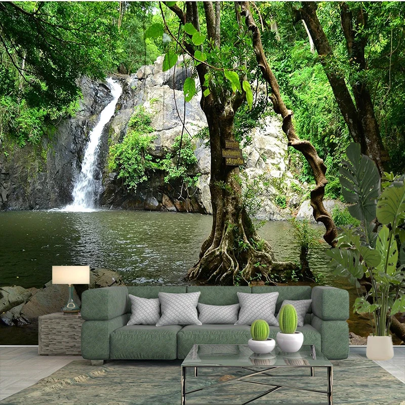 1PC Jungle Waterfall Rock Tree View Print Backdrop Banner, Bedroom Living Room Photo Background, Polyester, Home Decor, Wall Art