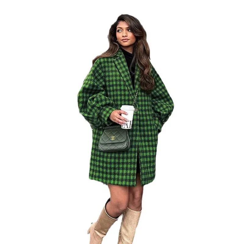 Autumn Winter Y2K INS Long Lantern Sleeve Lapel Collar One Button Loose Coat Outwear Vintage Plaid Wool Jacket for Women