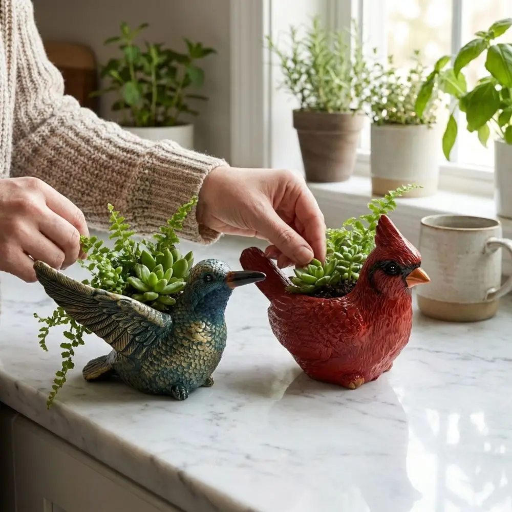 Resin Lively Bird Plant Pot with Drainage Hole Wide Opening Succulent Pot Novelty Style Hummingbirds Flower Pot