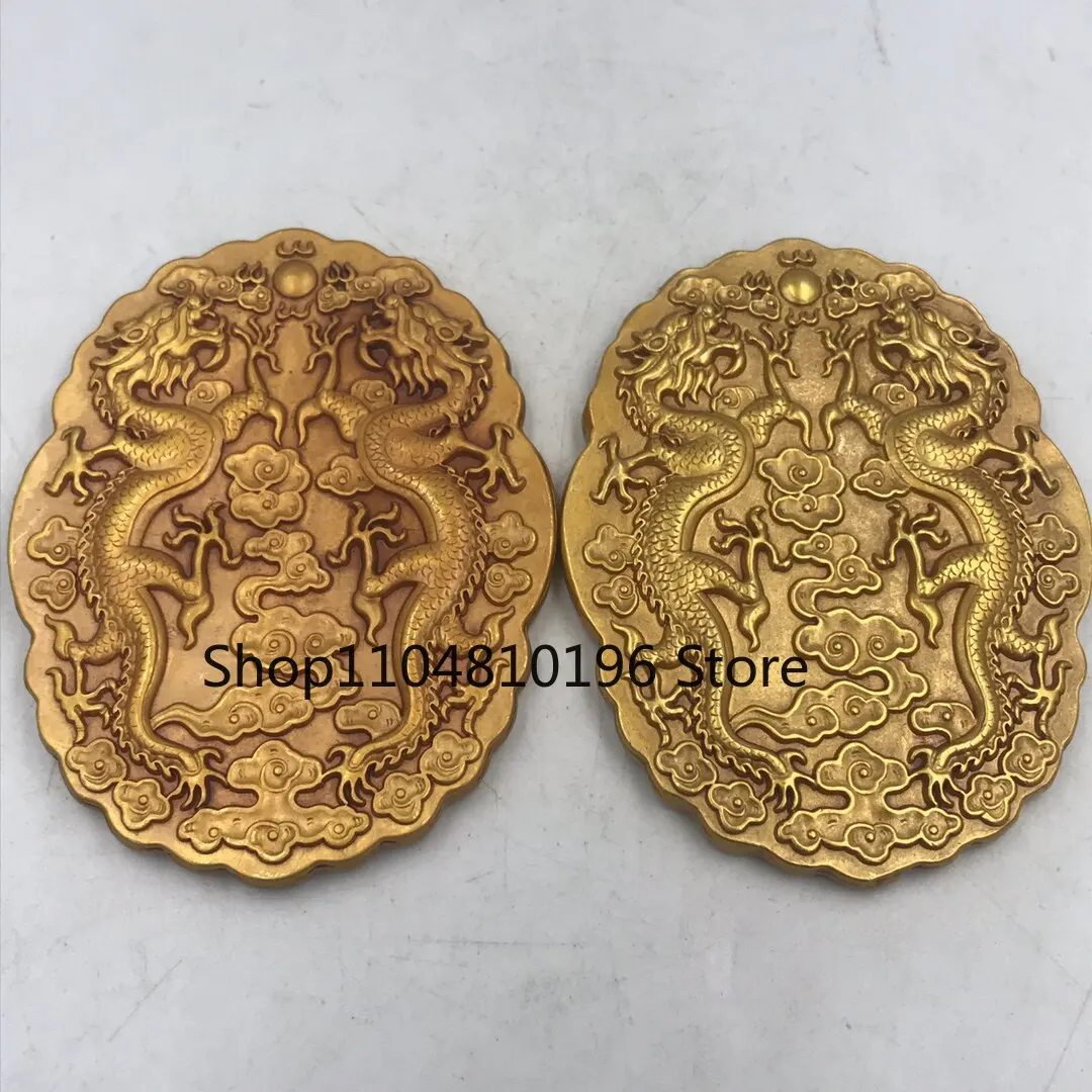 Antique ancient edict, token, military talisman Shuanglong hand, gold seal ornament, mother and child gilt token pair price