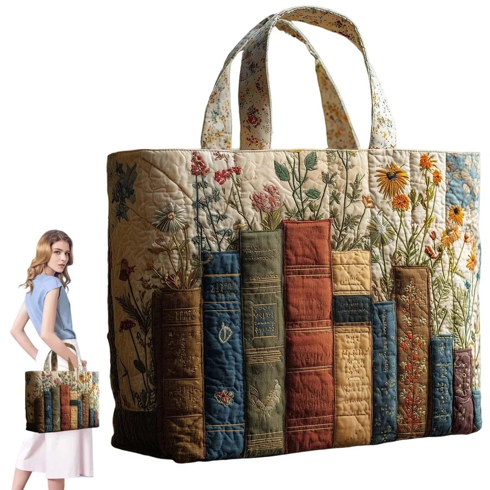 Vintage Women Quilted Tote Bag 3D Printed Patterns Cotton Travel Handbag Large Capacity Lightweight Shopping Bag Lady Girl