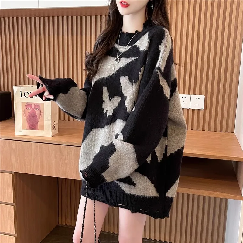 

Knitted pullover sweater women 2024 new fall and winter loose lazy wind explosion models commuting leisure tops