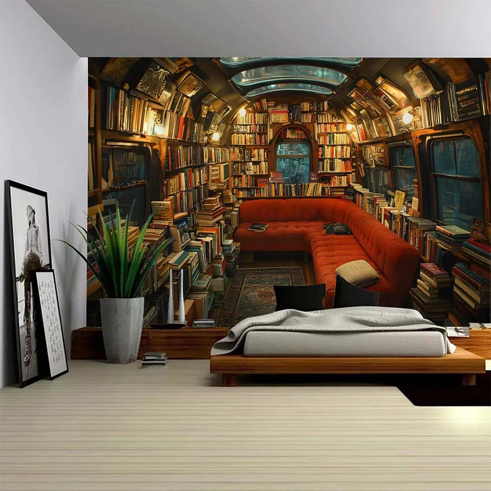 

Vintage Landscape Tapestry Magic Forest Bookshelf Fabric Decoration Painting, Home Background Poster, Bedroom Wall Hanging