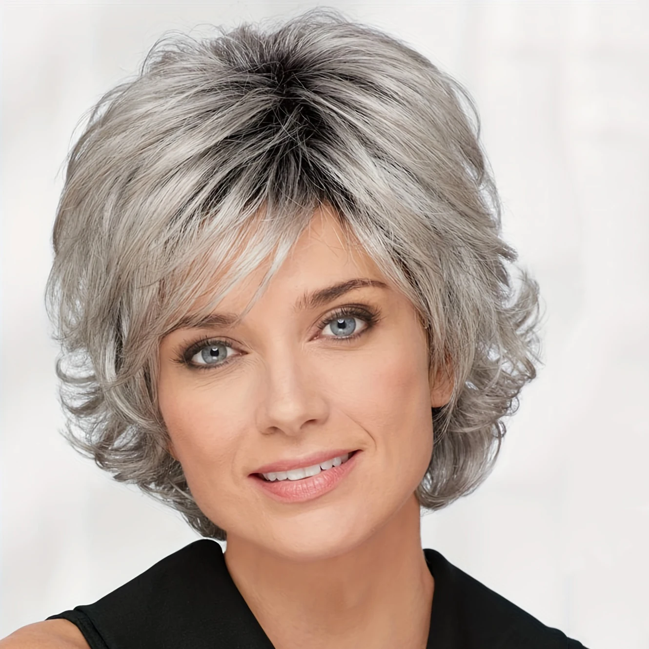 

Short Hair Synthetic Wig for White Women Dark Brown Mixed Blonde Pixie Cut Wig with Bangs Brown with Highlights Wavy