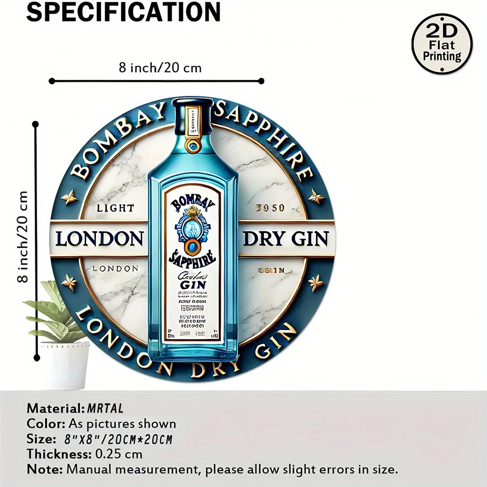 لافتة معدنية مسطحة ثنائية الأبعاد، قطعة واحدة من شعار Bombay Sapphire London Dry Gin - تصميم كلاسيكي منقوش برقائق دائرية مقاس 8 × 8، شعار أزرق مميز #5