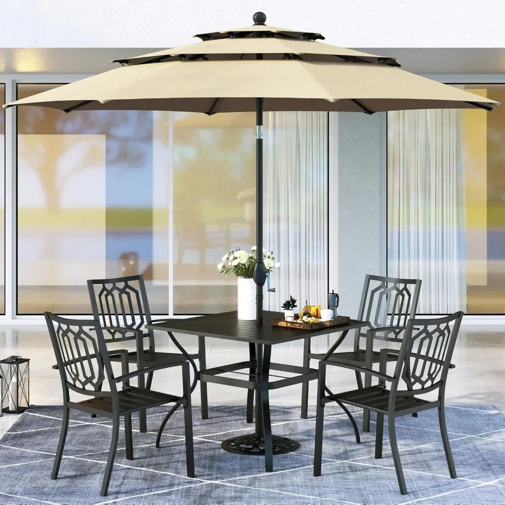 

Patio Dining Set for 4, Patio Furniture Set with Umbrella(Beige), 4 Stackable Chairs, 1 Metal Square Table and 1 10ft Umbrella(