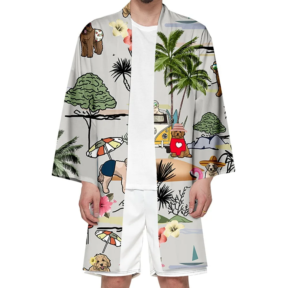 Men\'s Hawaiian Style Japanese Long Kimono Cardigan Summer Floral Puppy Print Casual Cute Haori Asian Traditional Clothing Robe