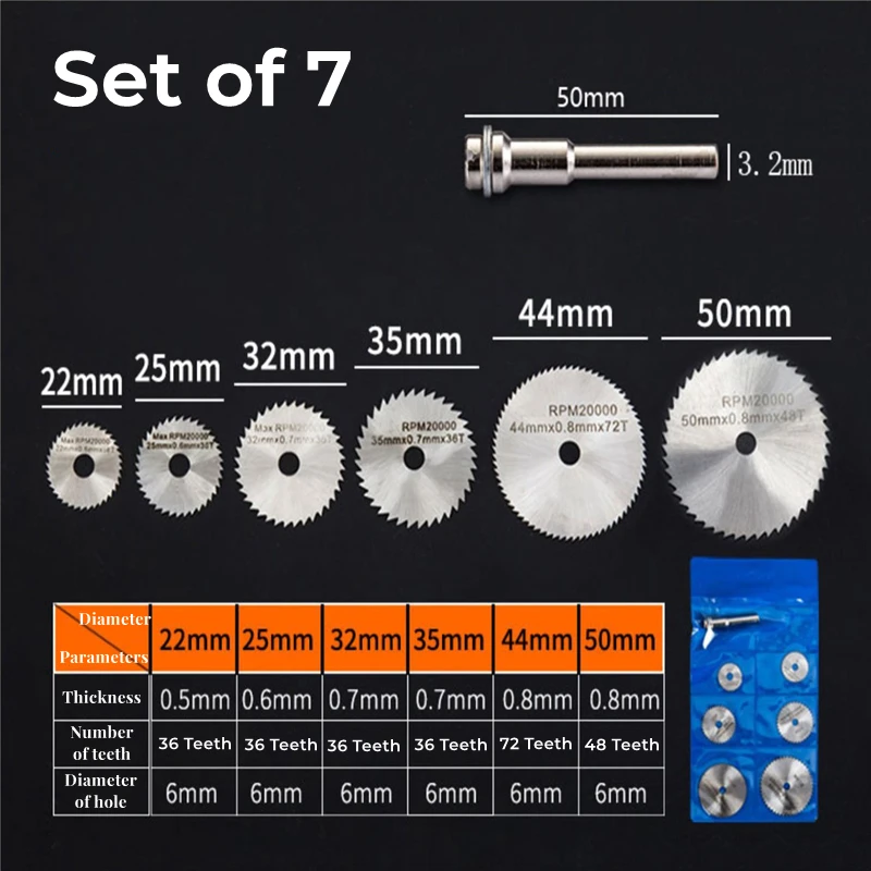 Set of 6/7 HSS Mini Circular Saw Blade Woodworking Cutting Disc Rotating Drilling Tool Accessories For Wood Plastic Aluminum