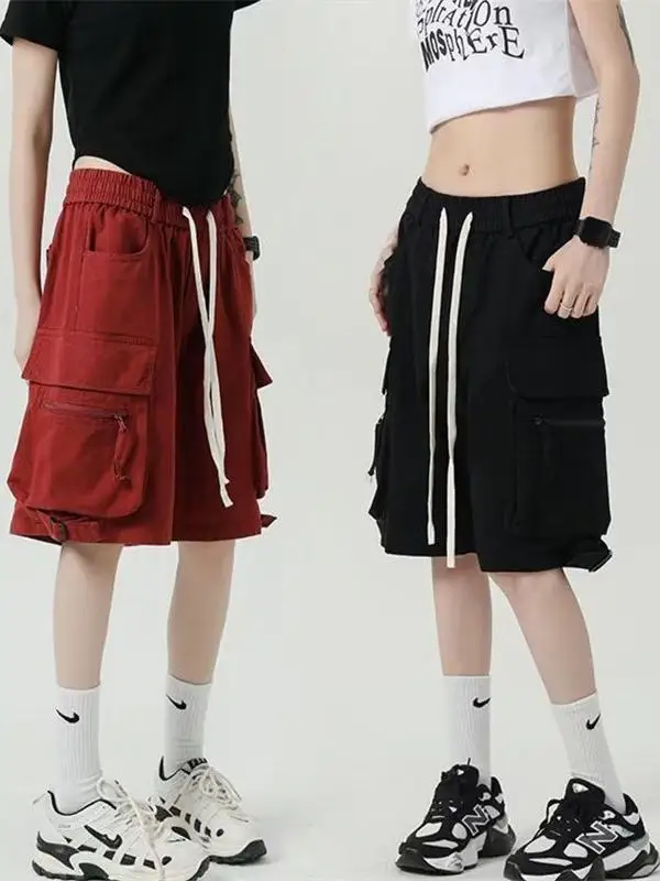 American Style Casual Loose Thin Work Trousers Five-Point Pants Trendy Black Summer Shorts for Men And Women Street Style Pol...