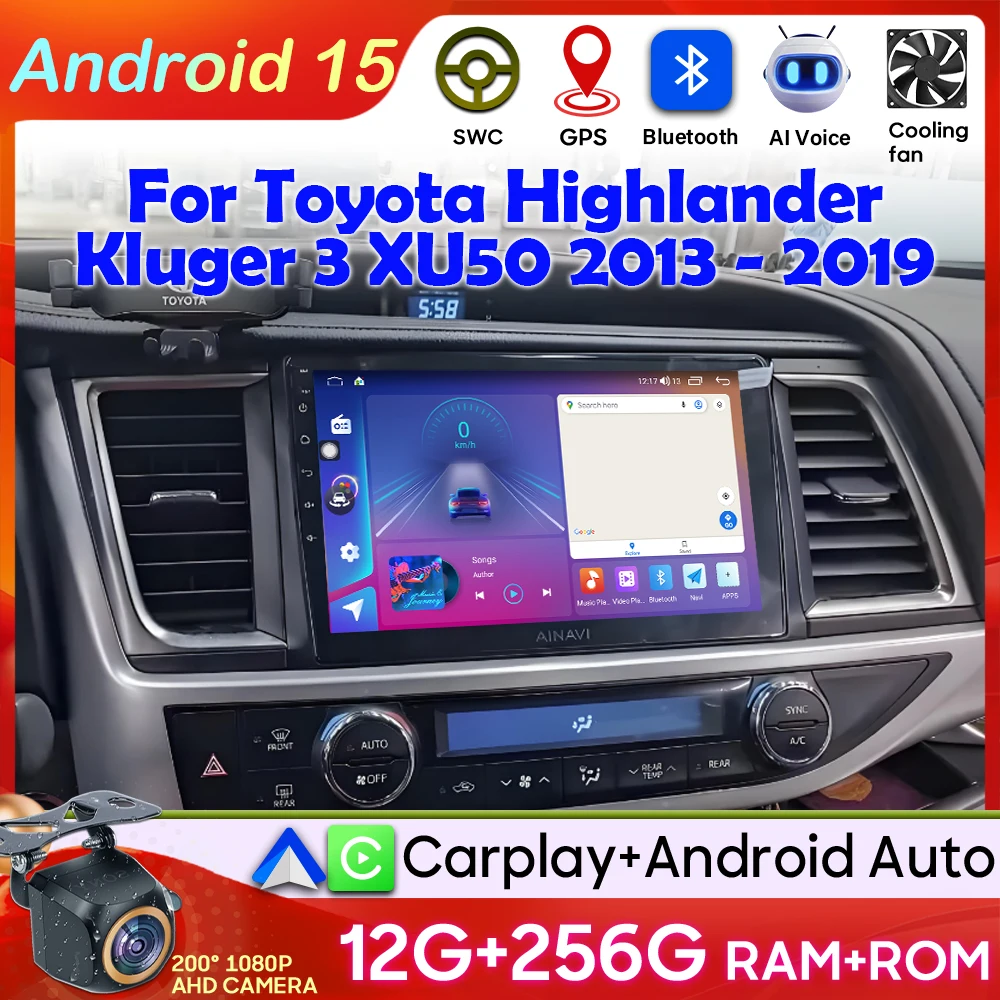 Android 15 Carplay For Toyota Highlander Kluger 3 XU50 2013 2014 - 2019 GPS Navigation Video Car Monitor Car Radio Screen DSP 2k