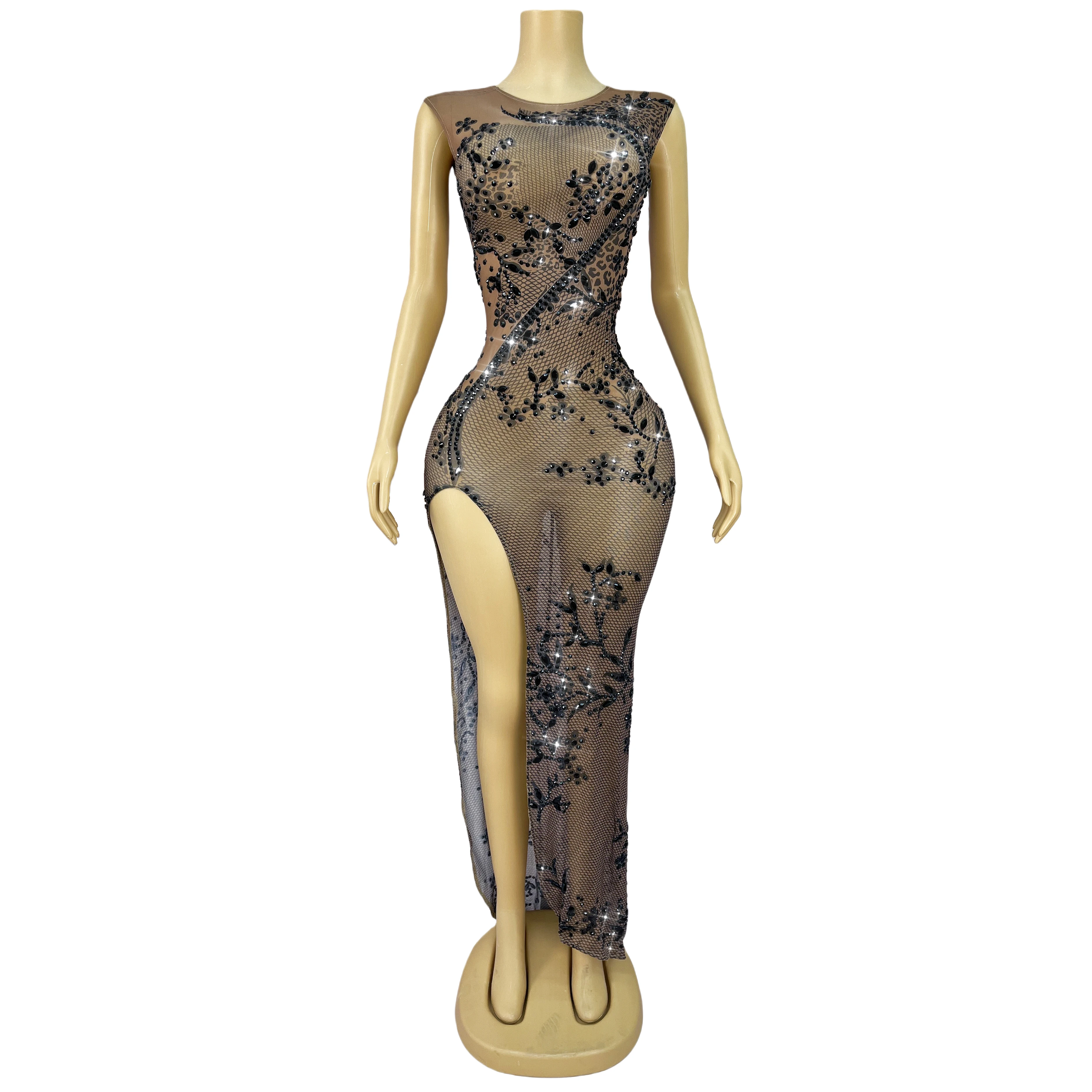 

High-end Twinkling Black Rhinestones Sexy High split Mesh Dress Evening Party Gown Red carpet Show Stage Outfit Heihuawang