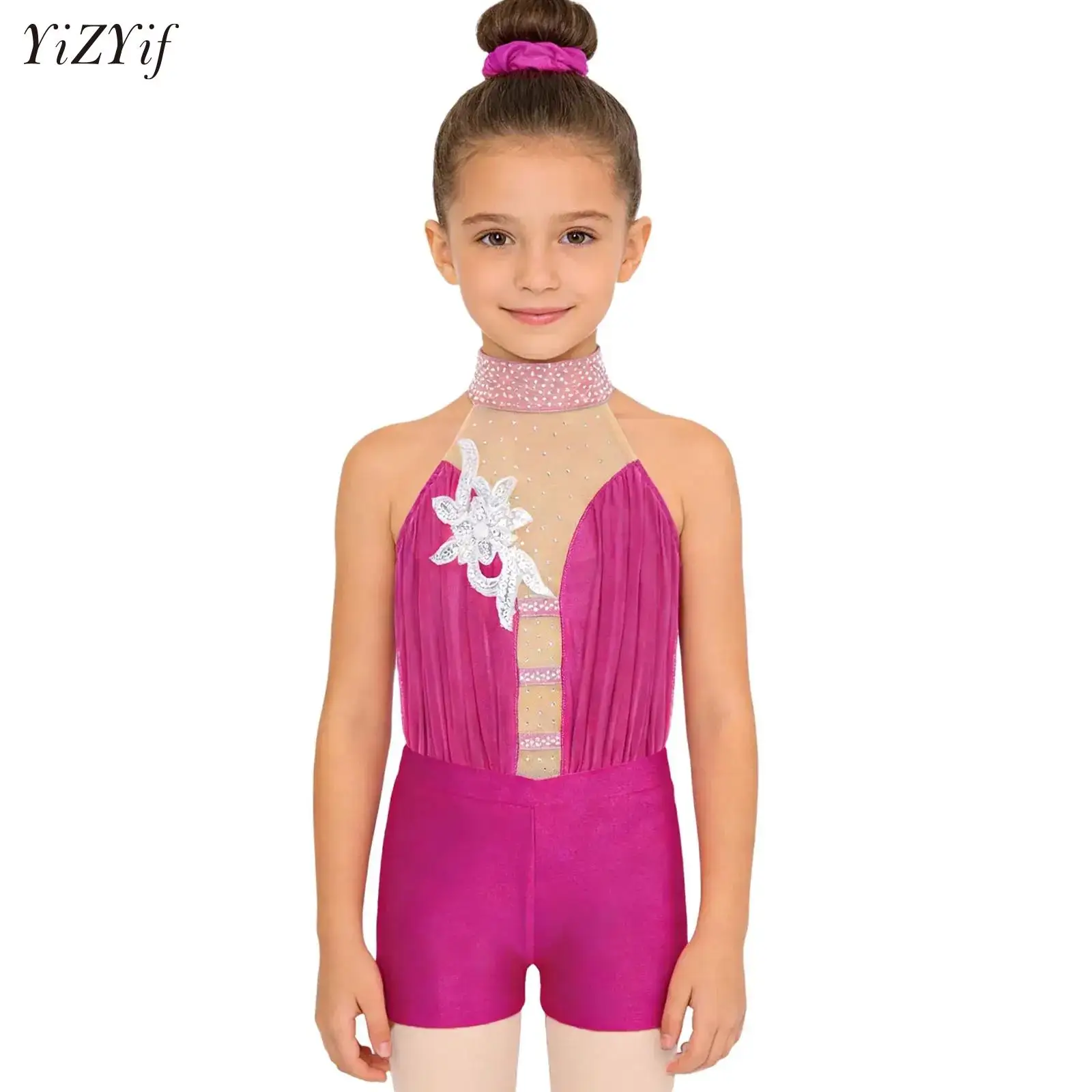 

Kids Girls Ballet Jersey Leotard Bodysuit Applique Rhythmic Gymnastics Artistic Figure Skating Costume Performance Dancewear Set
