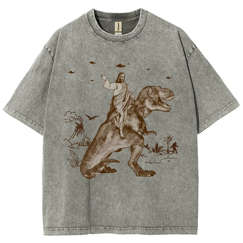 Kaus Fashion cetak kartun dinosaurus uniseks, atasan liburan desain modis pelajar kaus Vintage Distressed