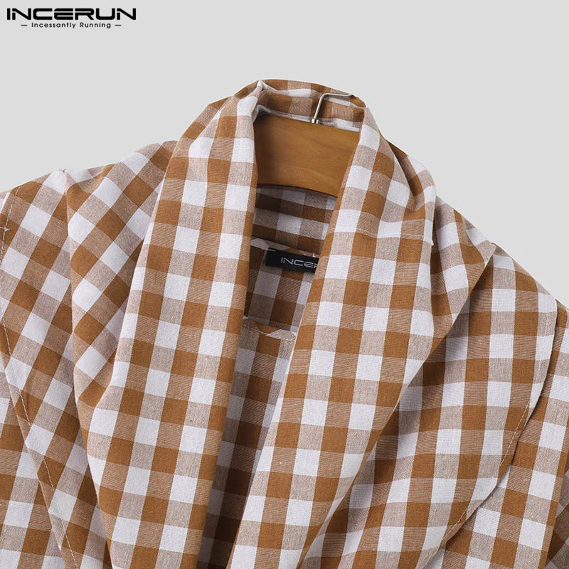 INCERUN Men T Shirt Plaid Lapel Short Sleeve Tie Up Casual Men Clothing Summer Streetwear 2024 Fashion Leisure Tee Tops S-5XL