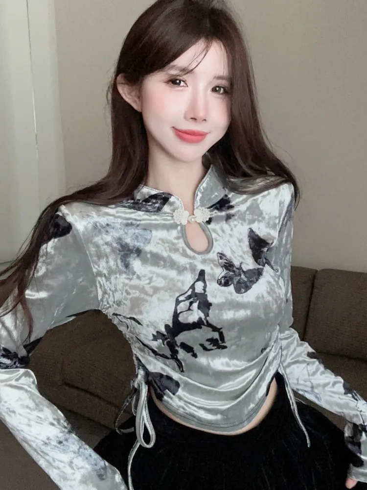 

Retro Chinese Style Velvet Long Sleeve Stand Collar Base Shirt Women's Puffy Skirt Set High Quality Commute Style Winter Wear