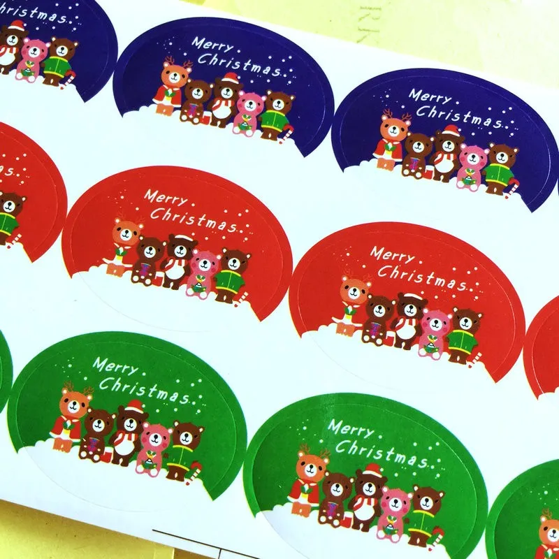 120Pcs/lot Chrismas Bear Ellipse DIY Handmade Gifts box Cookies Bags Envelope Paper Self sticker Stationery Sticker