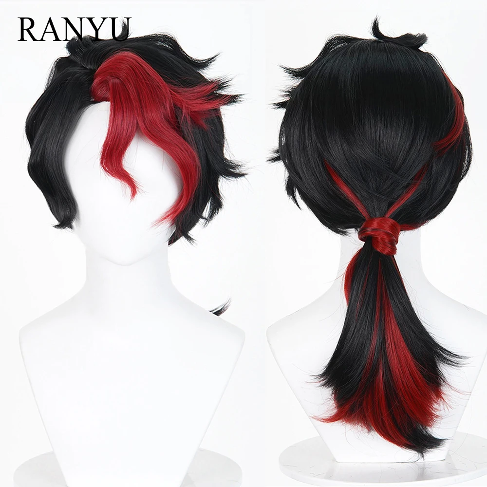 Synthetic Long Straight Black Red Highlights Middle Part Wigs Anime Game Cosplay Wig Heat Resistant for Daily Party