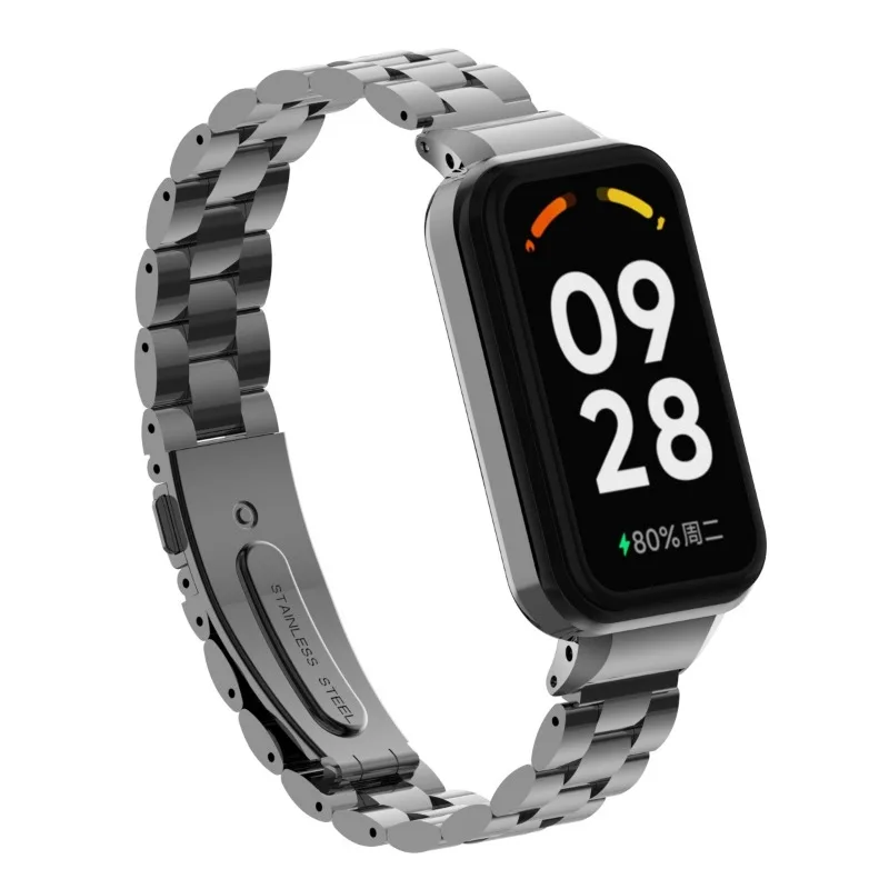 Correas de acero inoxidable para Xiaomi Mi band 8 Active, pulsera sólida de tres cuentas para Redmi Band 2/8Active