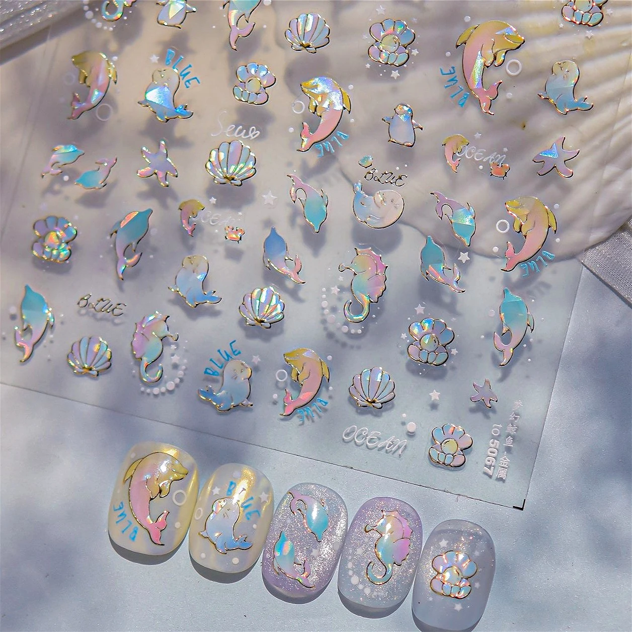 

Colored Whale Seahorse Shell Crab Otter Pearl Oyster Starfish Ocean Dreamy Adhesive Nail Art Stickers Manicure Decals Wholesale