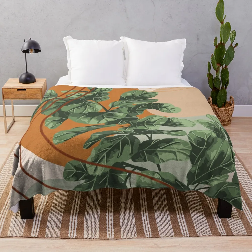 Mid Century Modern, Abstract Plant Illustration, Fiddle Leaf Fig Art Throw Blanket Weighted Thin sofa bed Blankets