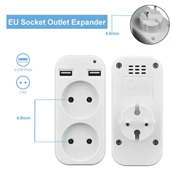 Adaptador de enchufe europeo de 1 a 2 vías, enchufe extensor estándar europeo con 2 puertos USB, Regleta de alimentación, adaptador de conversión de CA