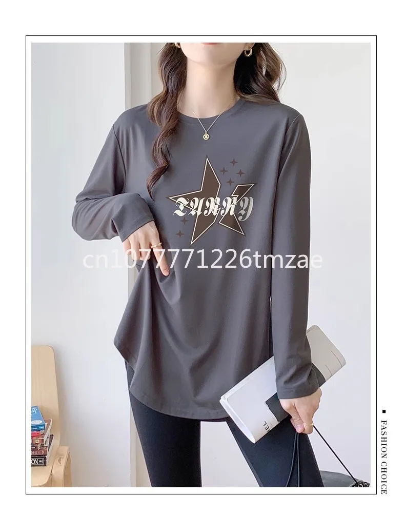 2024 New Autumn Smoky Gray Mid-Length Bottoming Shirt Loose Western Style plus Size Women's Long Sleeve Top