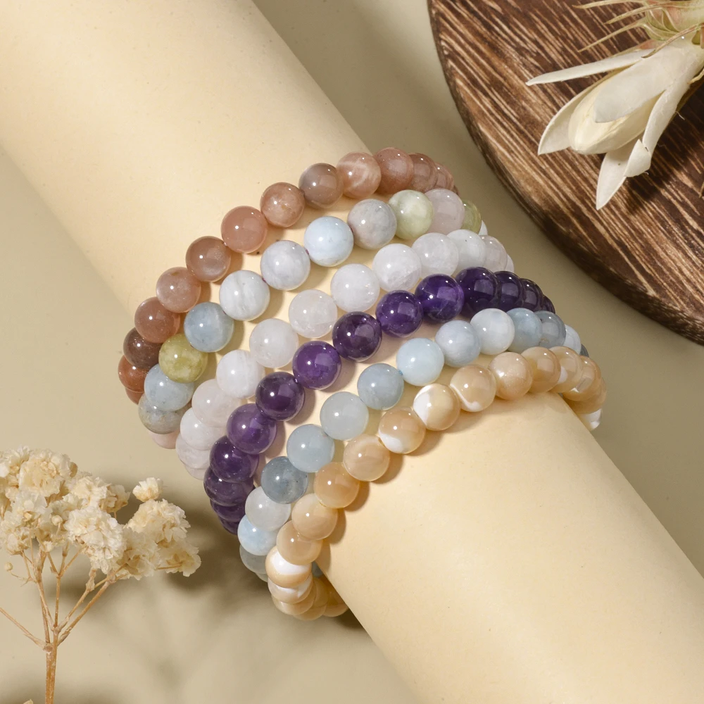 1p 8mm Rose Quartz Amethyst Sunstone Moonstone Braided Ajustable Beaded Bracelet Natural Gem Crystal Energy gift for men women