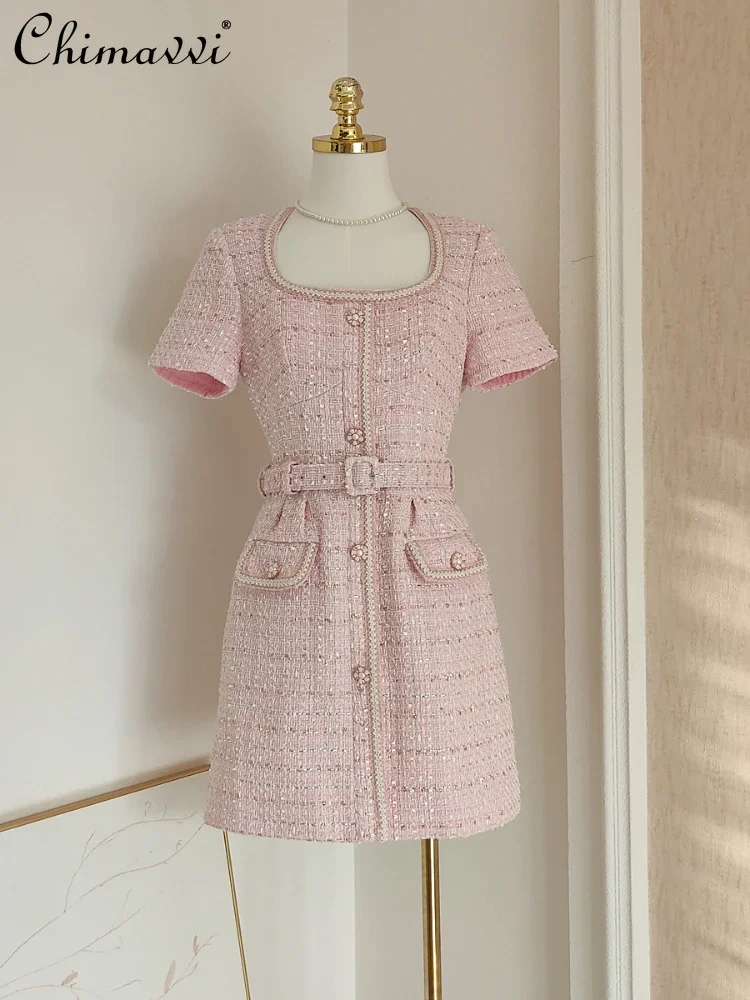 

2024 Autumn New Product Pink Temperament Foreign Style Fashionable Tweed Pleated Waist Belt Slim Square Neck Dress For Women